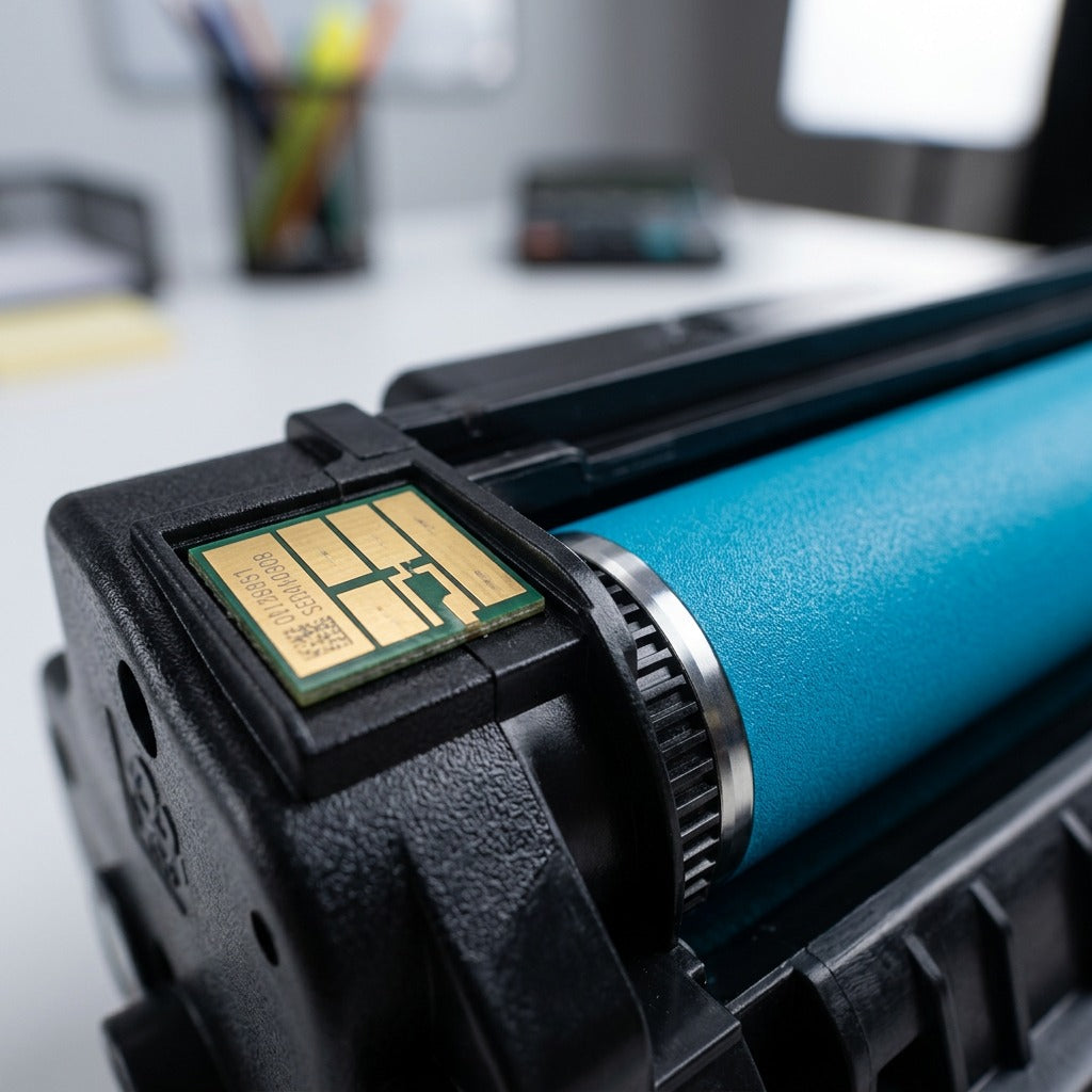 Macro view of the gold contact chip and cyan roller on an Elevate Imaging HP 648A compatible toner.