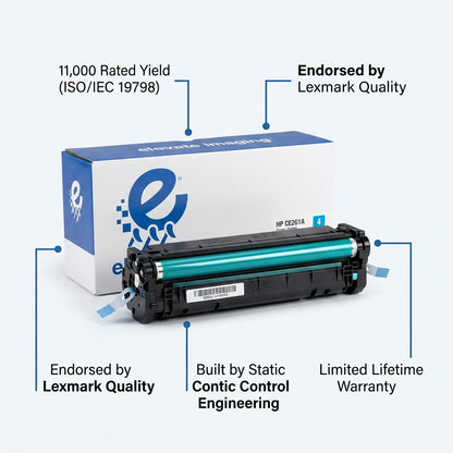 Elevate Imaging cyan CE261A toner cartridge with 11,000 page yield and Lexmark quality endorsement.