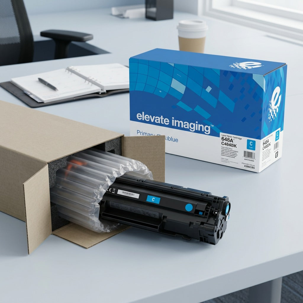 Unboxing of an Elevate Imaging HP 648A Cyan toner cartridge in protective air-cushioned packaging.