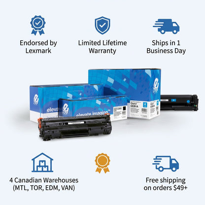 Elevate Imaging HP CE261A Cyan Toner with trust icons for warranty, fast shipping, and Lexmark endorsement.