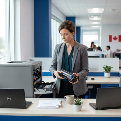 Professional in a modern office holding an Elevate Imaging HP 648A compatible cyan toner cartridge.