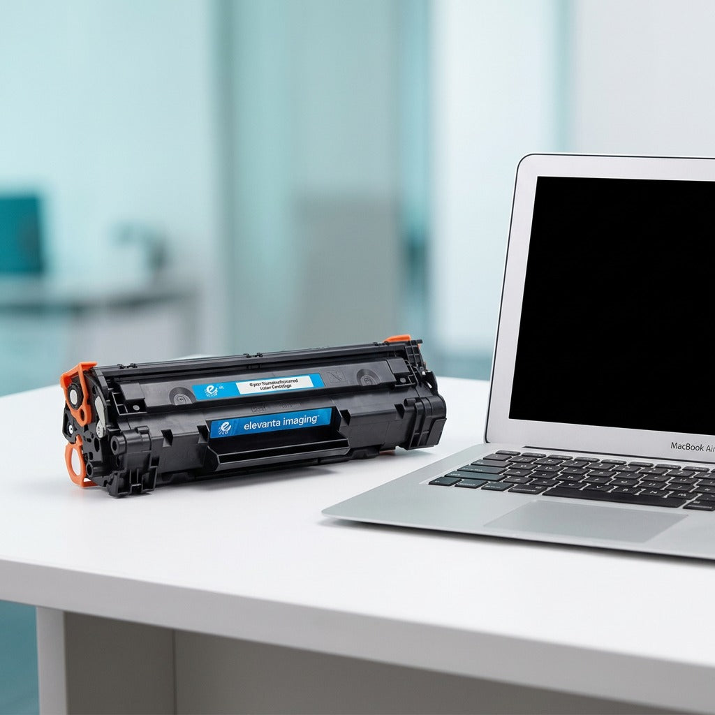 Elevate Imaging HP 648A (CE261A) cyan toner cartridge on a white desk next to a laptop for scale.