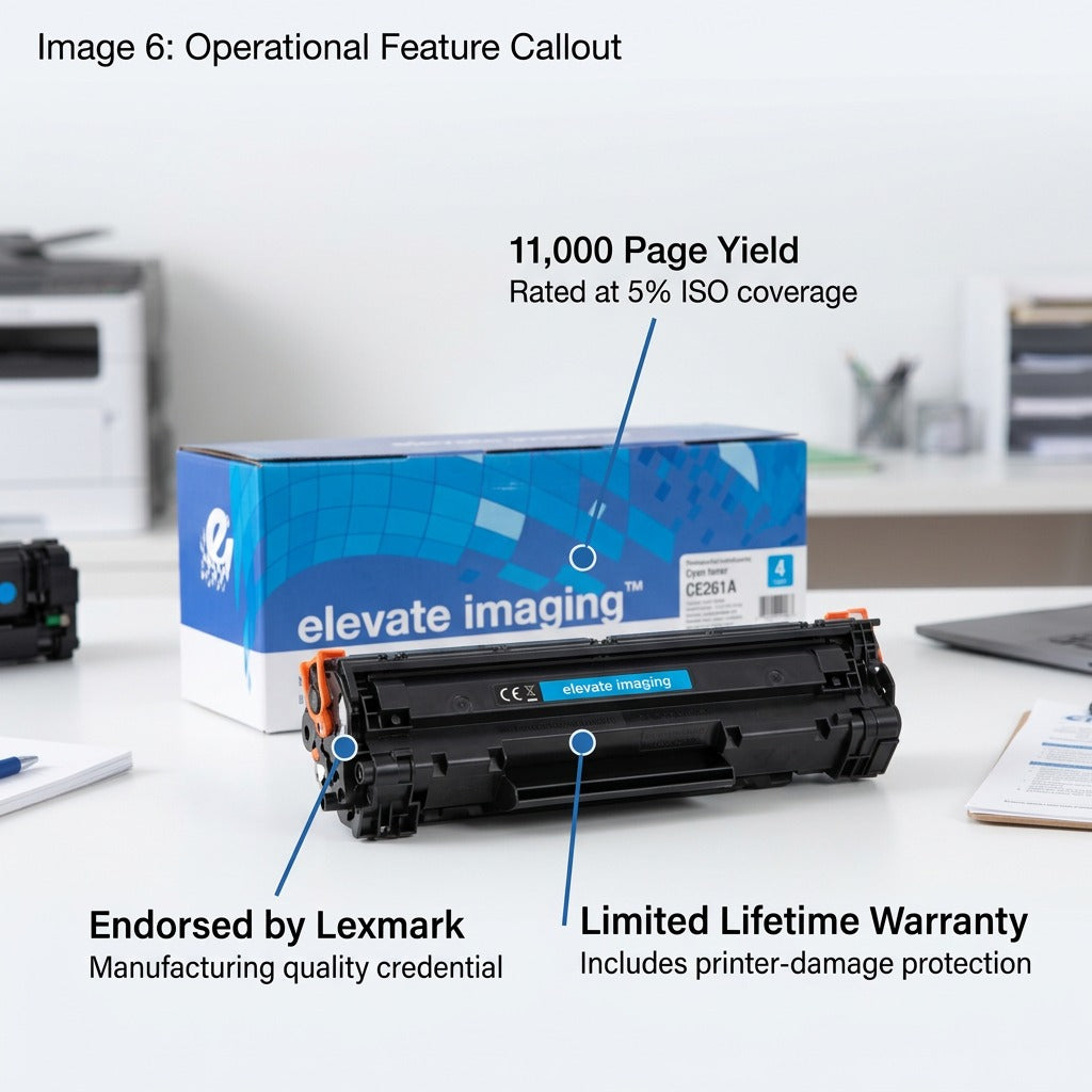 Elevate Imaging HP 648A Cyan Toner showing 11,000 page yield and Lifetime Warranty callouts.