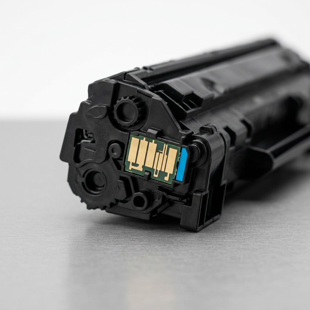 Macro detail of the electronic contact chip on a remanufactured HP 648A (CE261A) cyan toner cartridge.