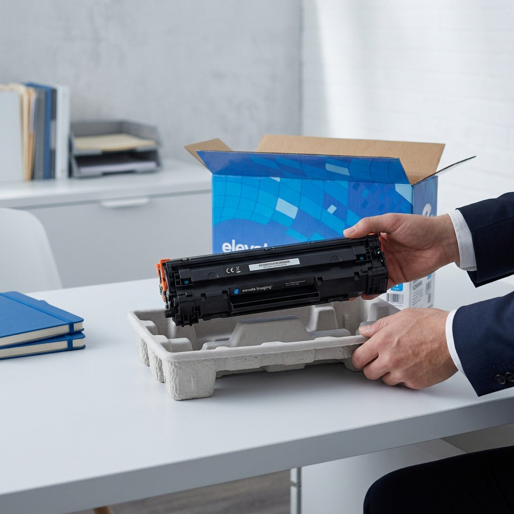 Unboxing an Elevate Imaging HP 648A (CE261A) cyan toner cartridge from secure protective packaging.