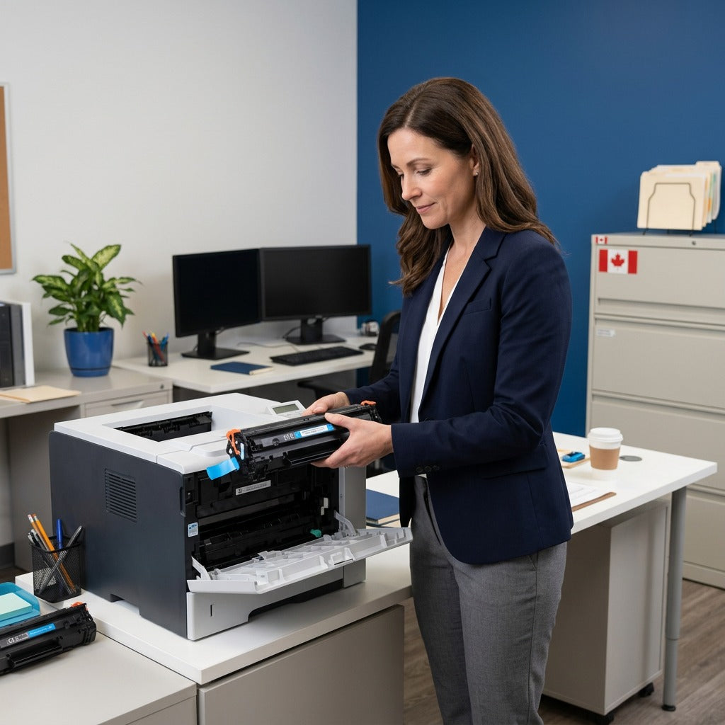A professional in an office installing an Elevate Imaging HP 648A Cyan Toner into a laser printer.