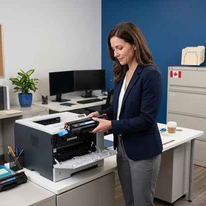 A professional in an office installing an Elevate Imaging HP 648A Cyan Toner into a laser printer.