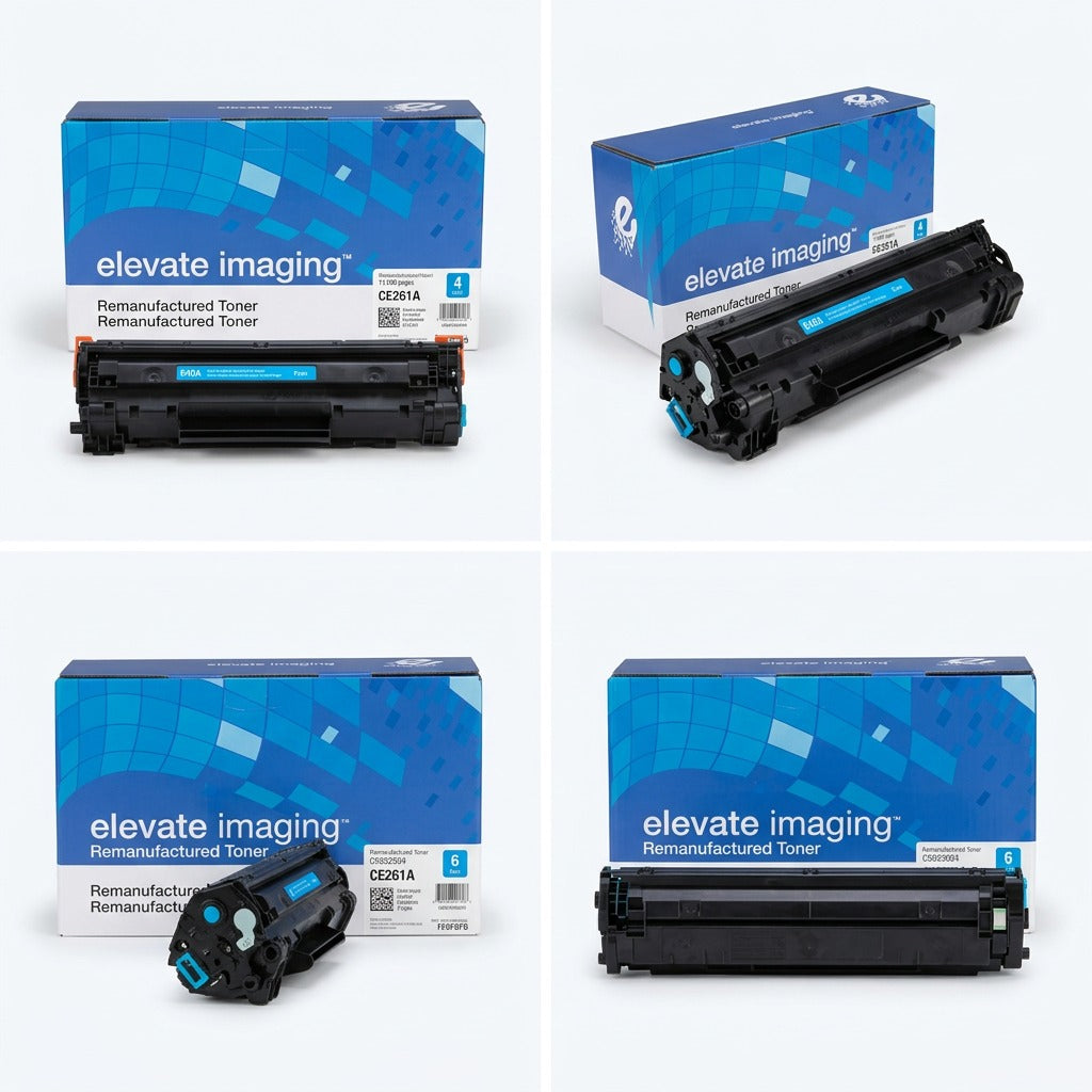 Elevate Imaging remanufactured HP CE261A cyan toner cartridge shown in four product angles.