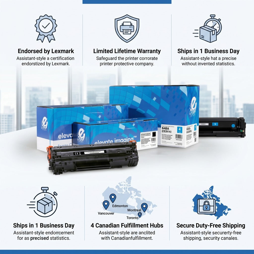 Infographic for Elevate Imaging HP 648A Cyan Toner showcasing warranty and fast Canadian shipping.