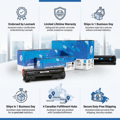 Infographic for Elevate Imaging HP 648A Cyan Toner showcasing warranty and fast Canadian shipping.