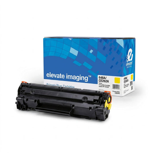 Elevate Imaging Yellow Compatible Toner Cartridge (648A / CE262A) in front of blue retail box.