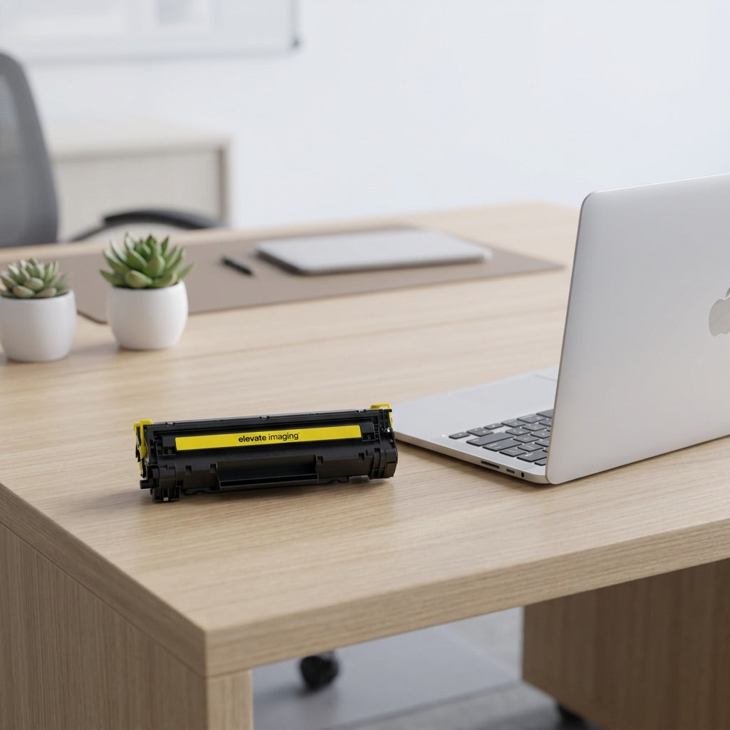 Elevate Imaging yellow toner cartridge for HP 648A on a desk next to a laptop for scale reference.