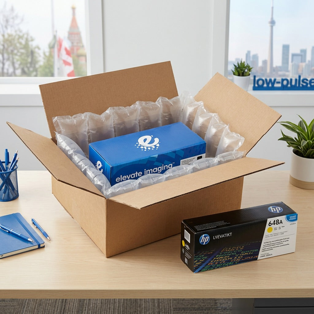 Unboxing an Elevate Imaging HP 648A Yellow Toner Cartridge from a secure shipping box with padding.