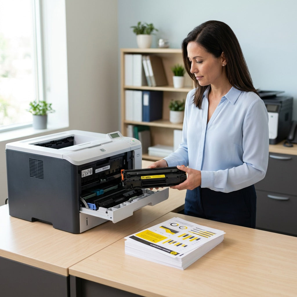 Office manager installing a yellow HP 648A (CE262A) compatible toner into a laser printer.