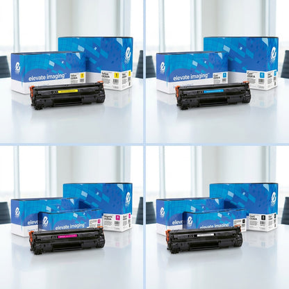 A 2x2 matrix showcasing Yellow, Cyan, Magenta, and Black Elevate Imaging 648A toner cartridges.