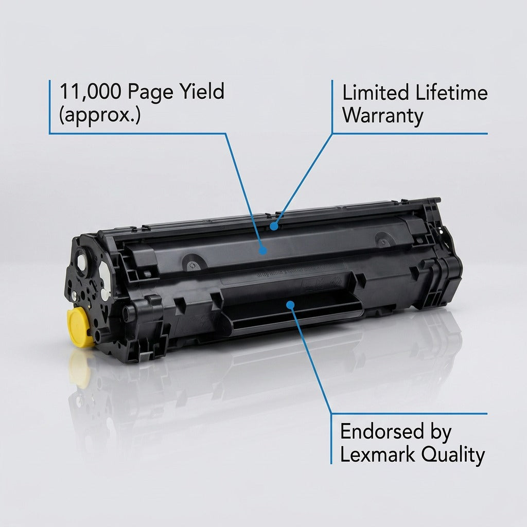 Yellow toner cartridge for HP 648A, boasting 11,000 page yield and Limited Lifetime Warranty.