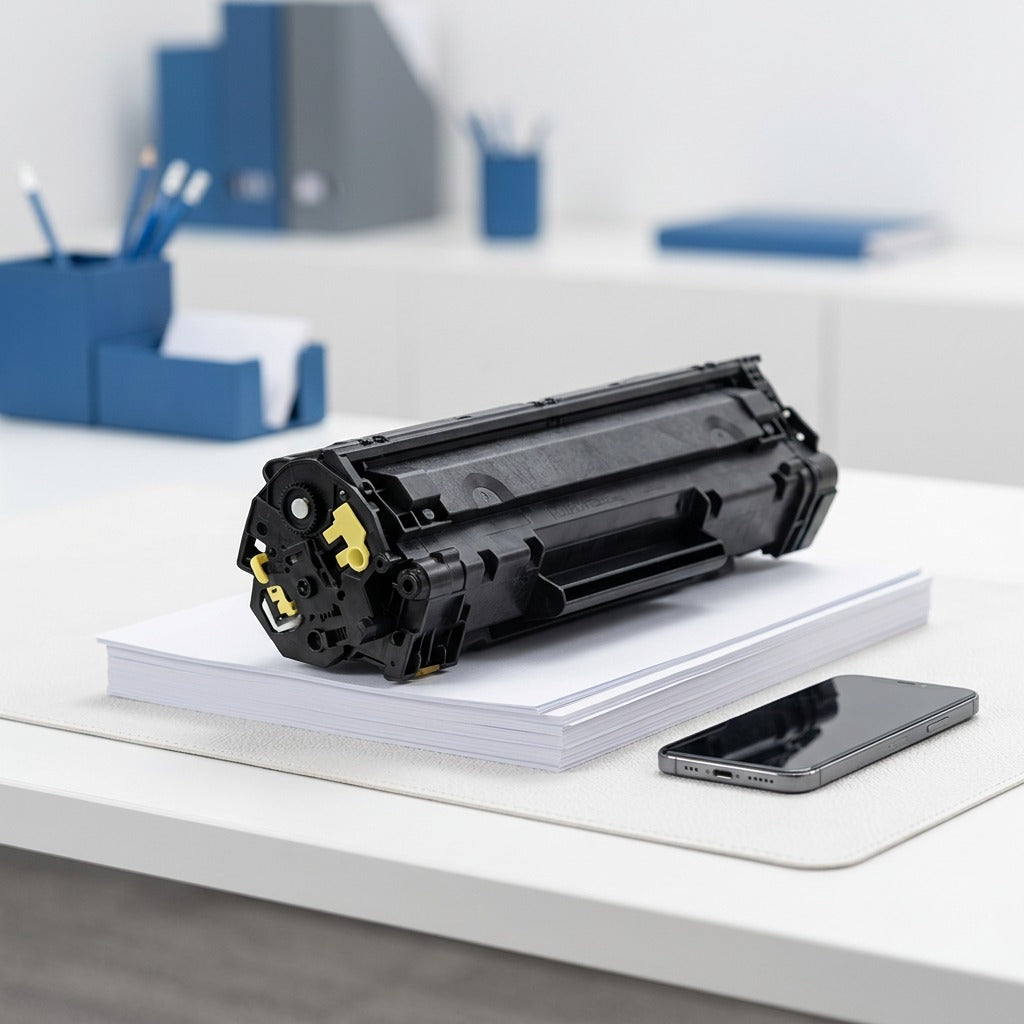 Elevate Imaging CE262A yellow toner cartridge on a stack of A4 paper next to a smartphone for scale.