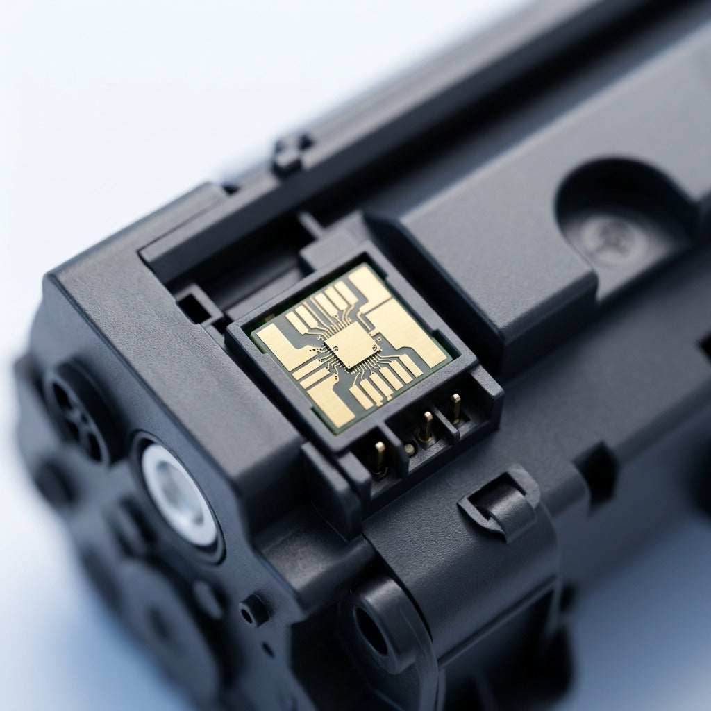 Macro detail of the smart recognition chip on an Elevate Imaging yellow toner for HP CE262A (648A).