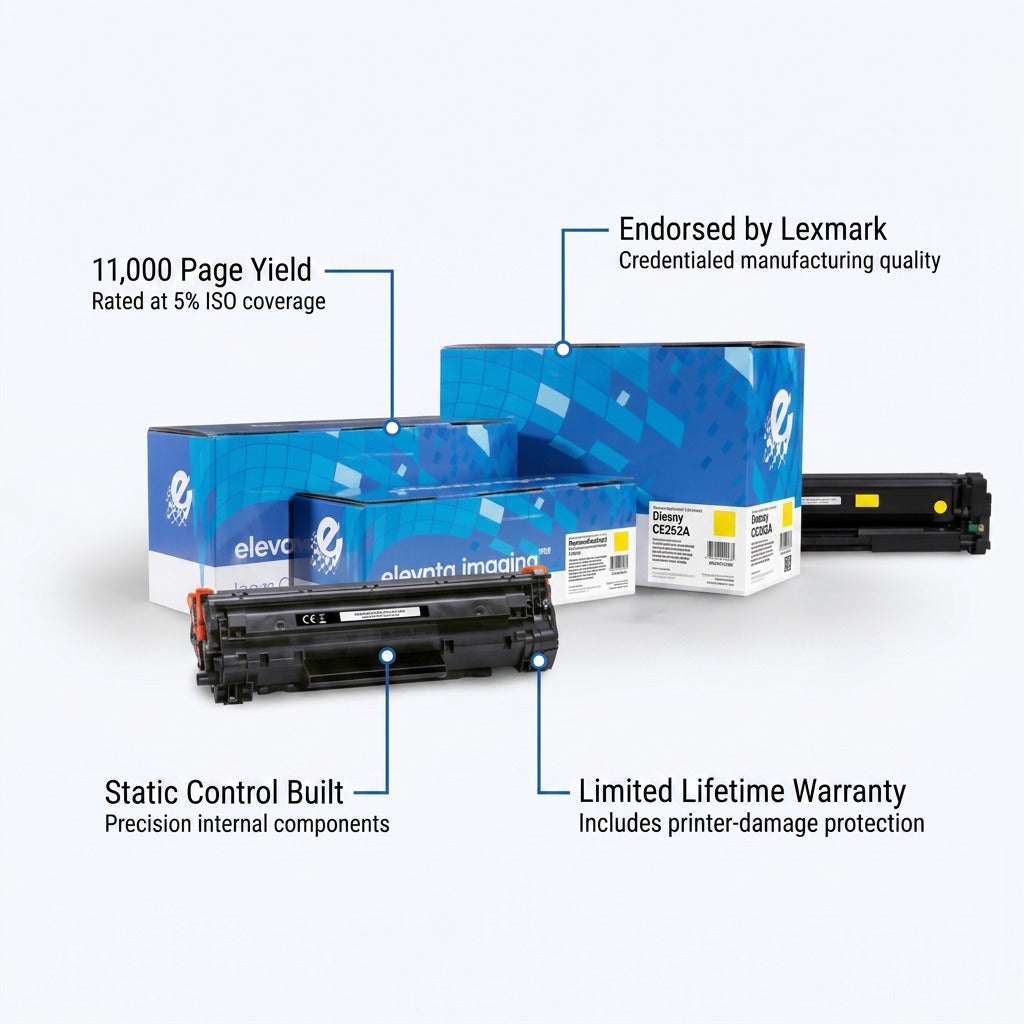 Elevate Imaging HP 648A Yellow Toner with 11,000 page yield, Lexmark endorsement, and warranty.