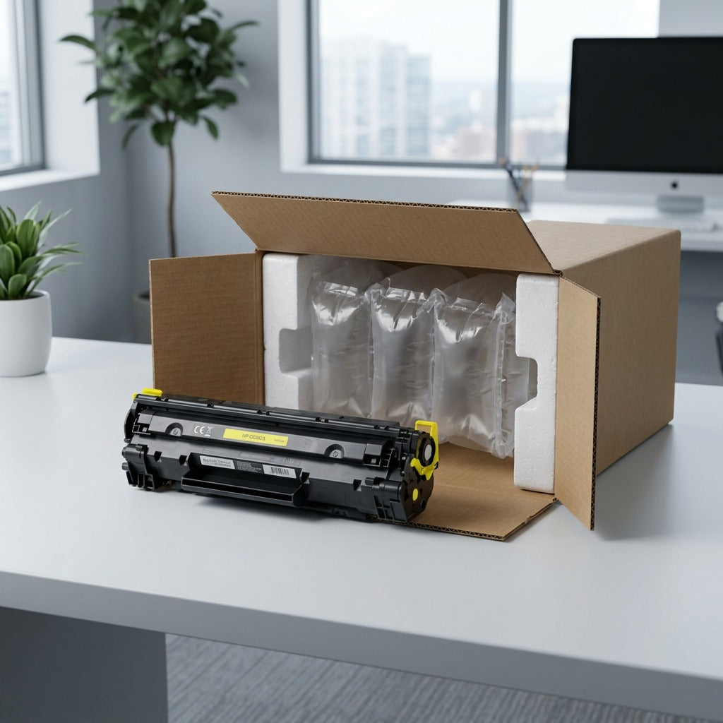 Yellow remanufactured HP CE262A toner cartridge unboxed with protective air cushions in an office.