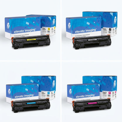A grid of Elevate Imaging 648A toner cartridges in yellow, black, cyan, and magenta with boxes.