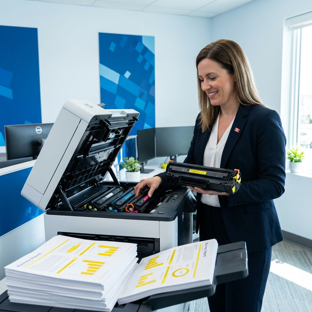 A professional installs an Elevate Imaging yellow remanufactured CE262A toner into an HP printer.