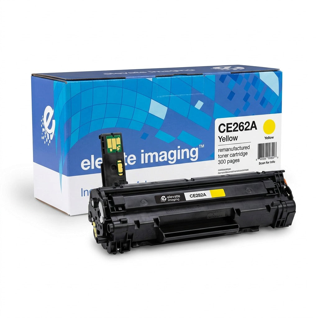 Elevate Imaging CE262A Yellow Remanufactured Toner Cartridge shown with its branded retail box.