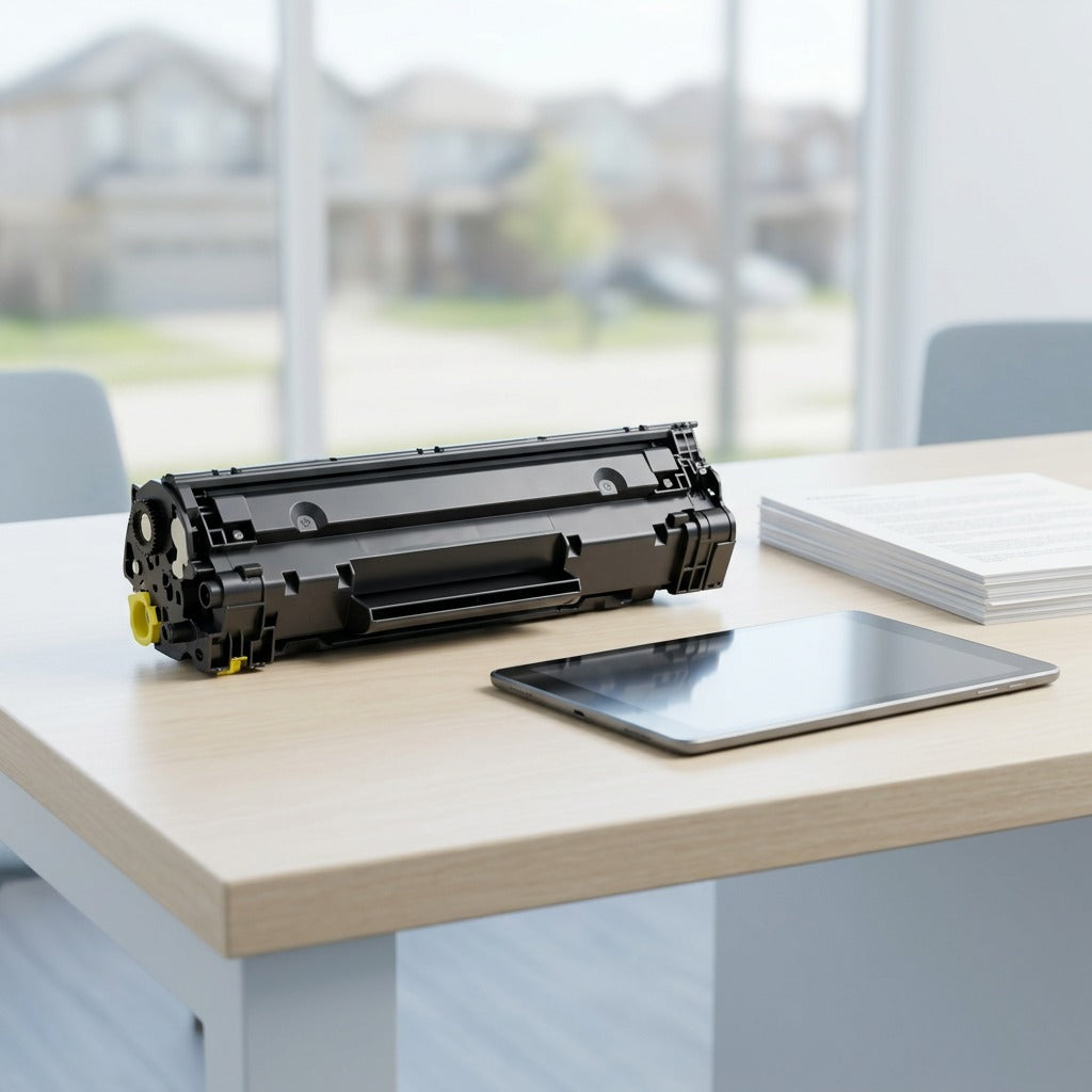 HP 648A (CE262A) yellow toner cartridge on a desk next to a 10-inch tablet for scale reference.