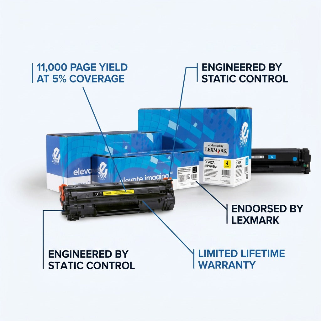 Elevate Imaging HP 648A (CE262A) Yellow Toner Cartridge with 11,000 page yield and warranty labels.