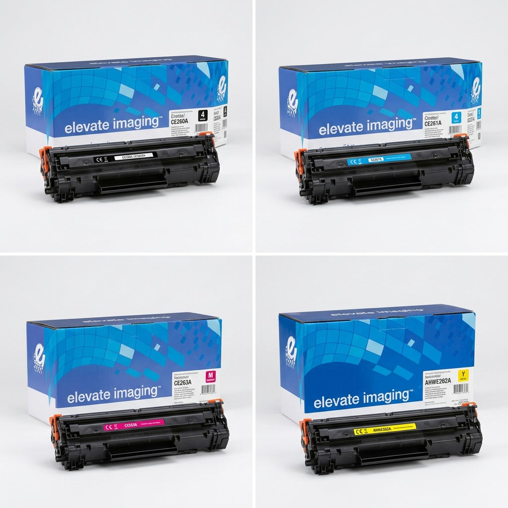 A 2x2 grid showing Elevate Imaging remanufactured HP 648A toner cartridges in black, cyan, magenta, and yellow.