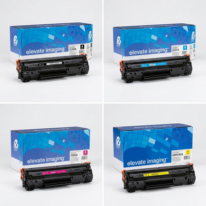 A 2x2 grid showing Elevate Imaging remanufactured HP 648A toner cartridges in black, cyan, magenta, and yellow.