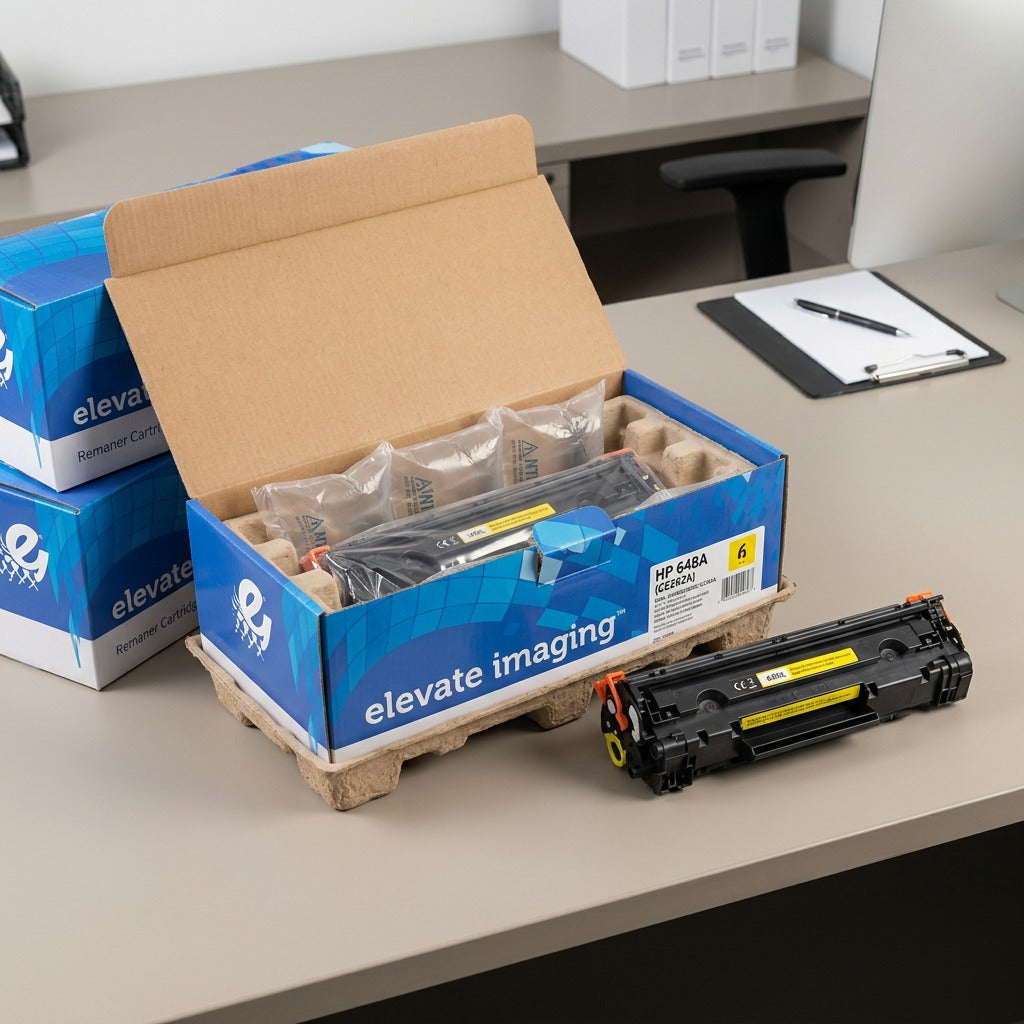 Elevate Imaging HP 648A yellow toner cartridge unboxed with protective air-cushioned packaging.