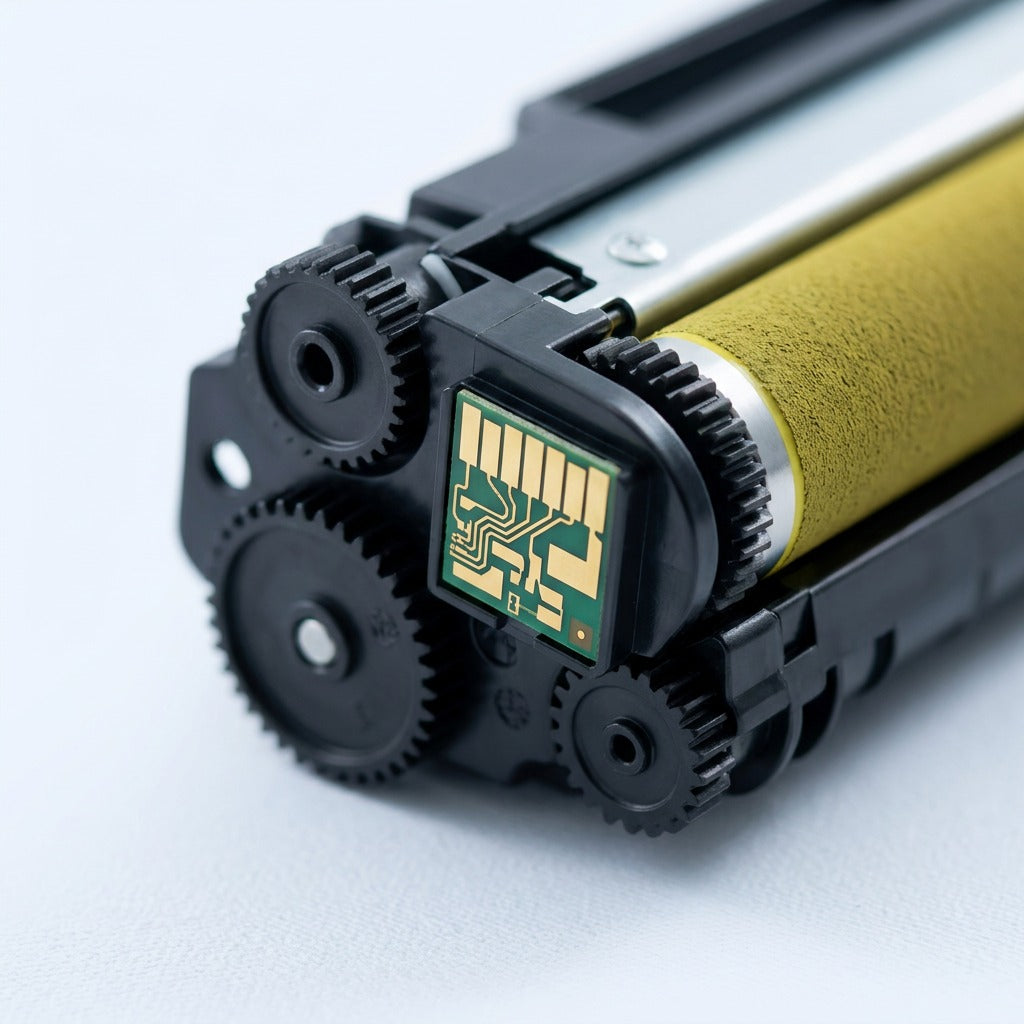 Macro detail of the gold electronic chip and gears on an Elevate Imaging HP 648A yellow toner.