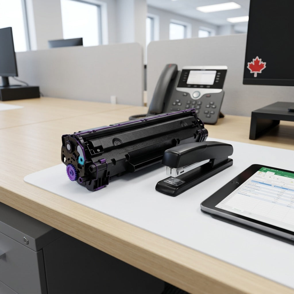 Magenta CE263A toner cartridge on an office desk next to a stapler and tablet for scale reference.