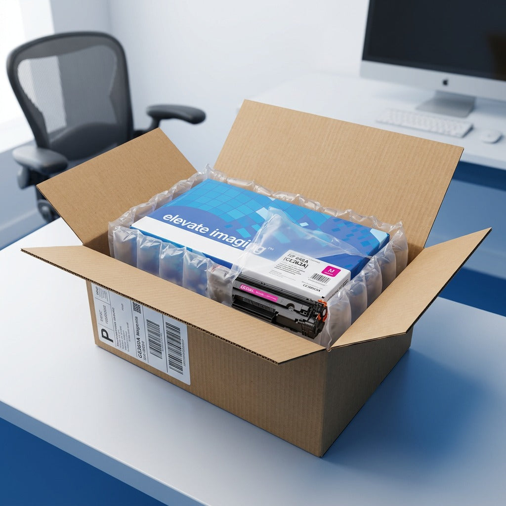 Open shipping box for an Elevate Imaging HP CE263A magenta toner cartridge with air-cushioning.