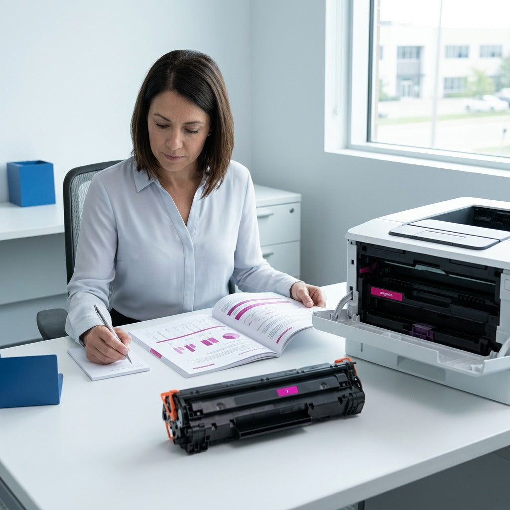 A professional reviews magenta reports by a printer with an HP 648A compatible toner cartridge.