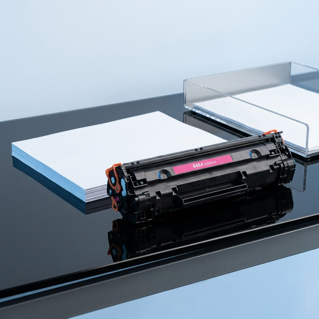 HP 648A (CE263A) Magenta Toner Cartridge shown at scale on a desk next to a stack of A4 paper.
