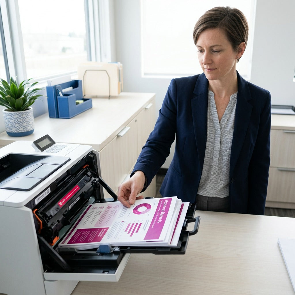 Office professional holding vibrant magenta charts printed with an HP 648A magenta toner cartridge.