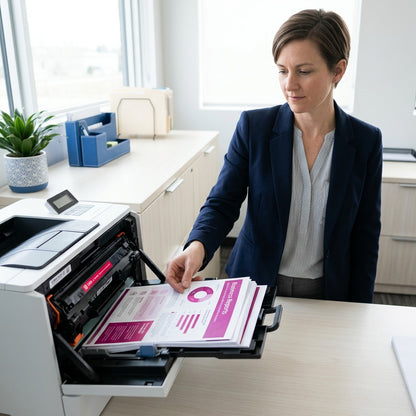 Office professional holding vibrant magenta charts printed with an HP 648A magenta toner cartridge.
