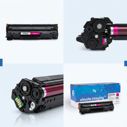 Four-view matrix of Elevate Imaging Remanufactured CE263A Magenta Toner Cartridge and retail box.