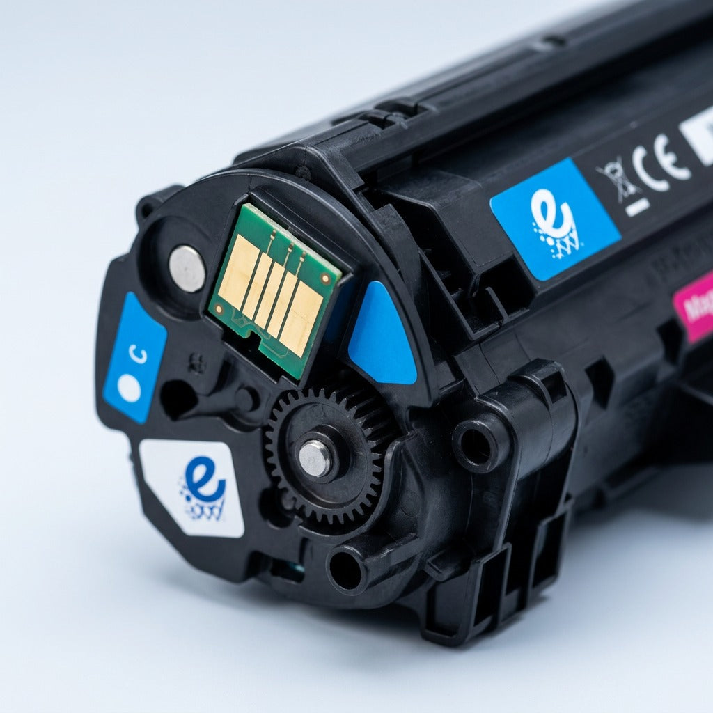 Macro detail of the electrical chip and gear on an Elevate Imaging HP 648A magenta toner cartridge.