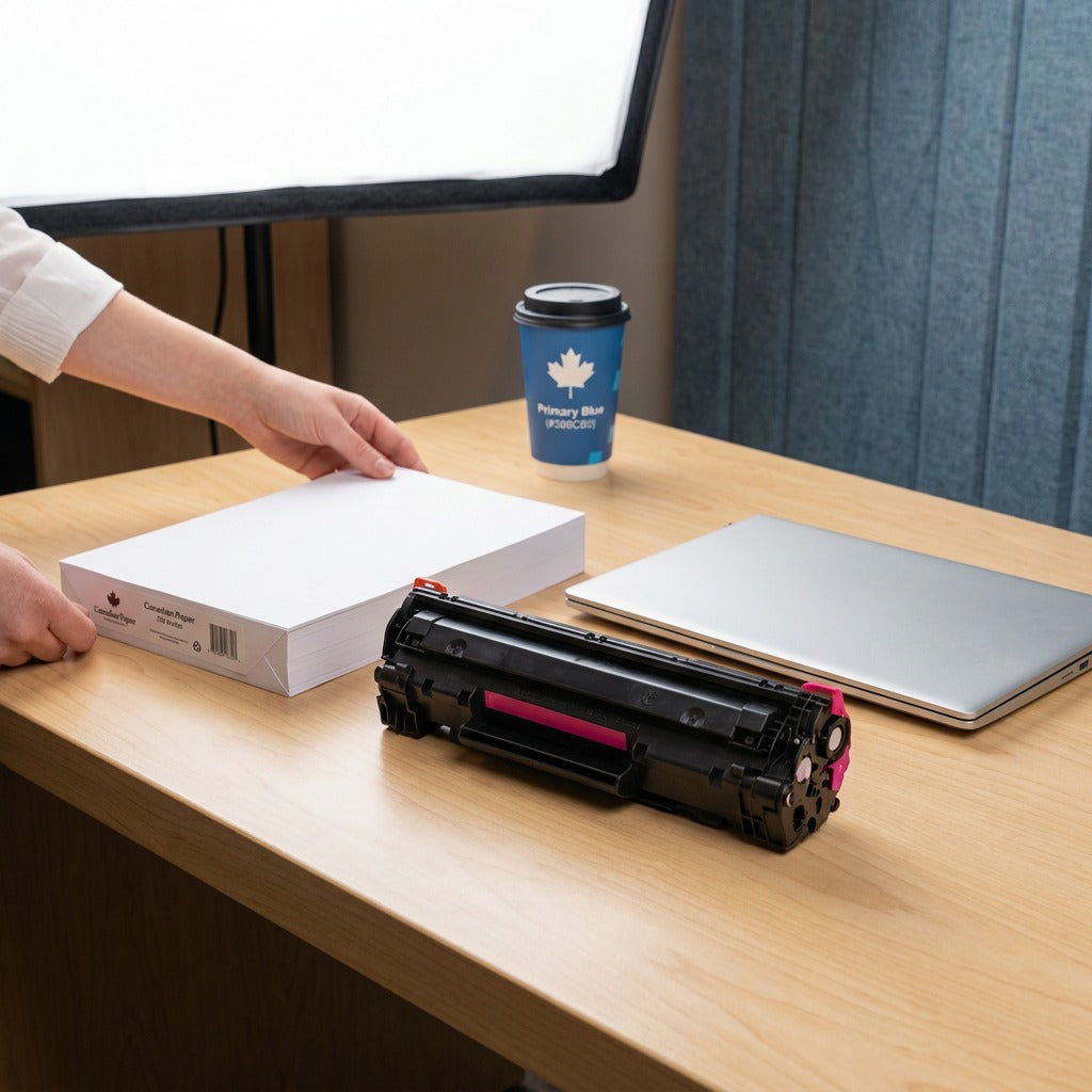 HP 648A Magenta Remanufactured Toner Cartridge on a desk next to a laptop and A4 paper for scale.