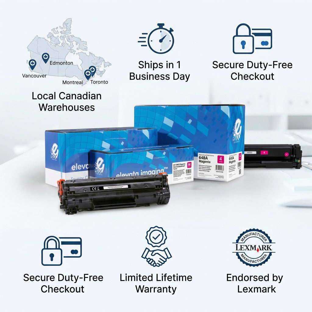 Elevate Imaging HP 648A Magenta Toner infographic with Canadian shipping and warranty details.