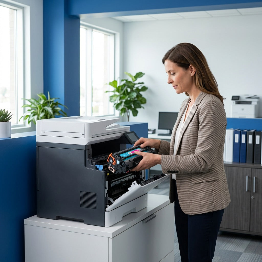 A professional inserts an HP 648A (CE263A) magenta toner cartridge into a large office printer.