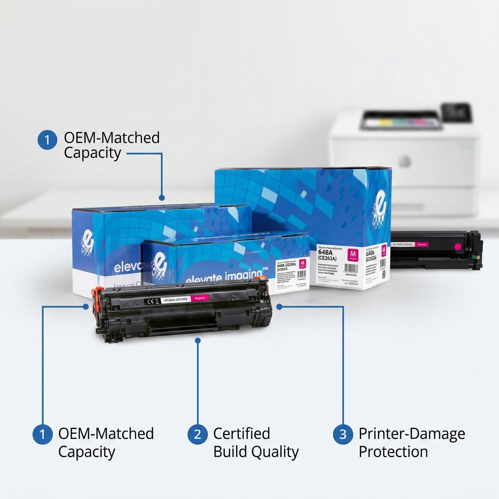 HP 648A Magenta toner cartridge with callouts for capacity, build quality, and printer protection.