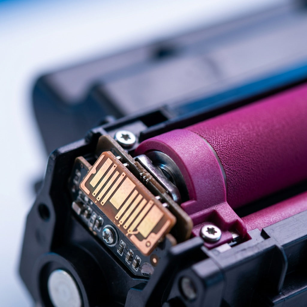 Macro detail of copper contact chip and magenta developer roller on an HP 648A toner cartridge.