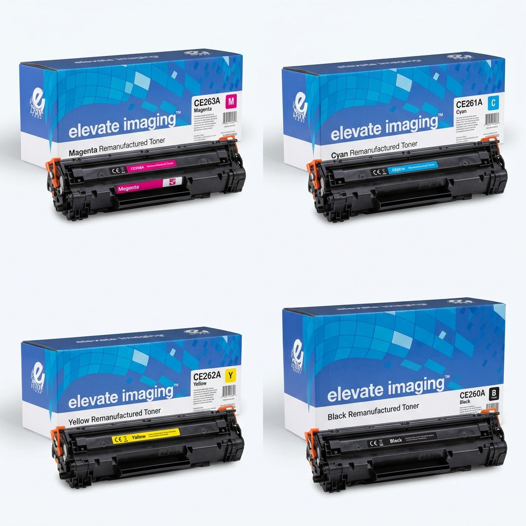 Elevate Imaging laser toner cartridges in magenta, cyan, yellow, and black with retail boxes.