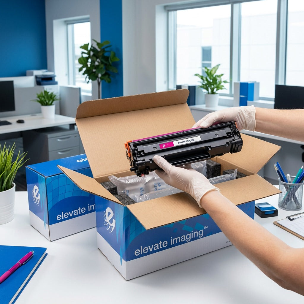 Elevate Imaging magenta 648A (CE263A) toner cartridge being unboxed from secure foam packaging.