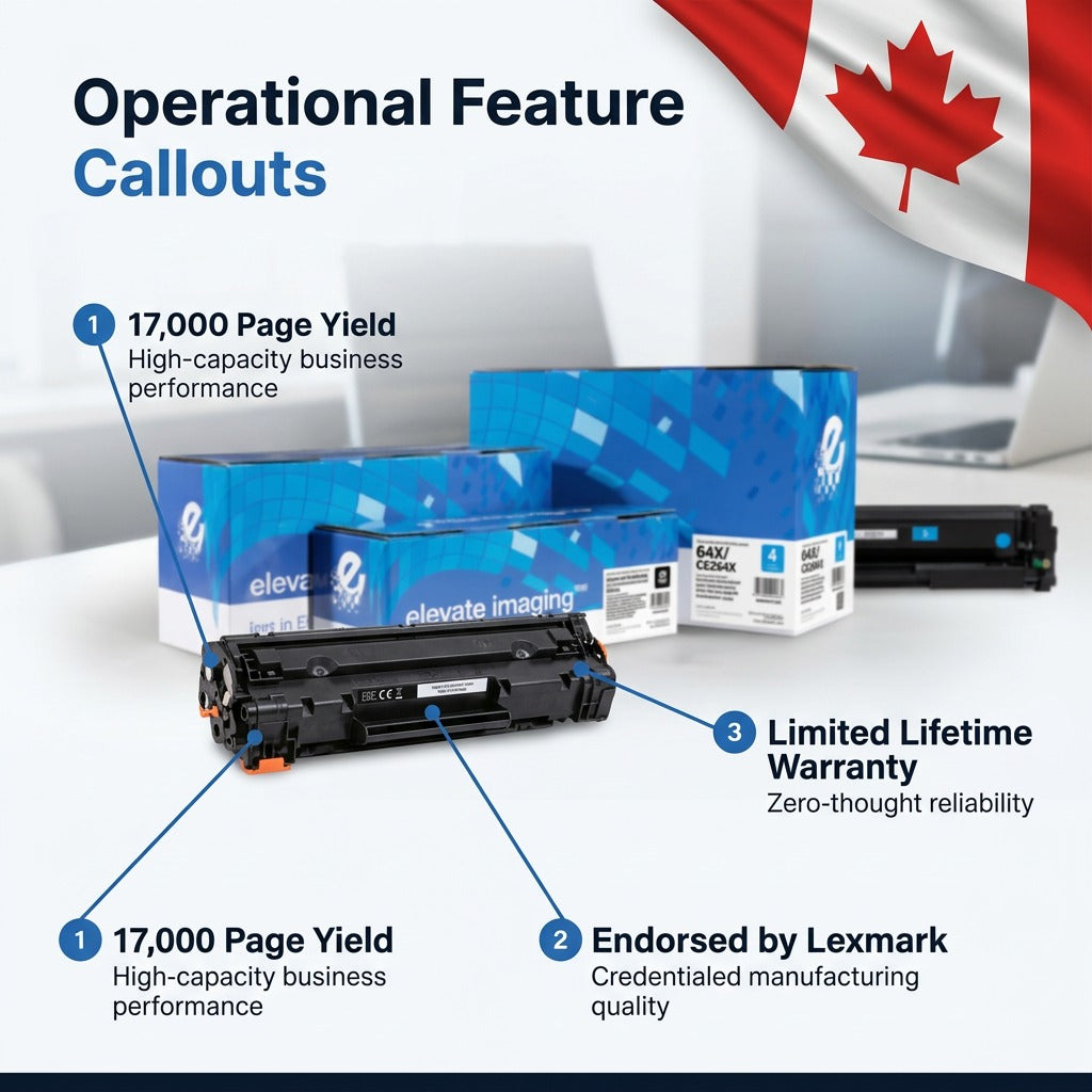 Elevate Imaging HP 64X (CE264X) toner cartridge features: 17,000 page yield and lifetime warranty.