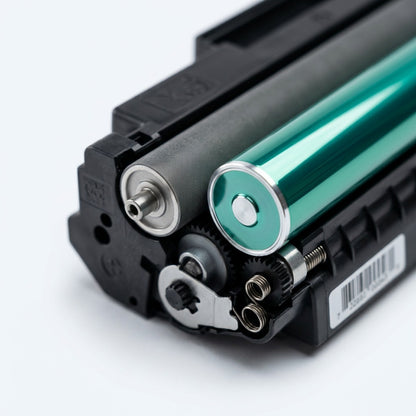 Macro detail of HP 64X CE264X toner cartridge featuring a polished green drum and gears.